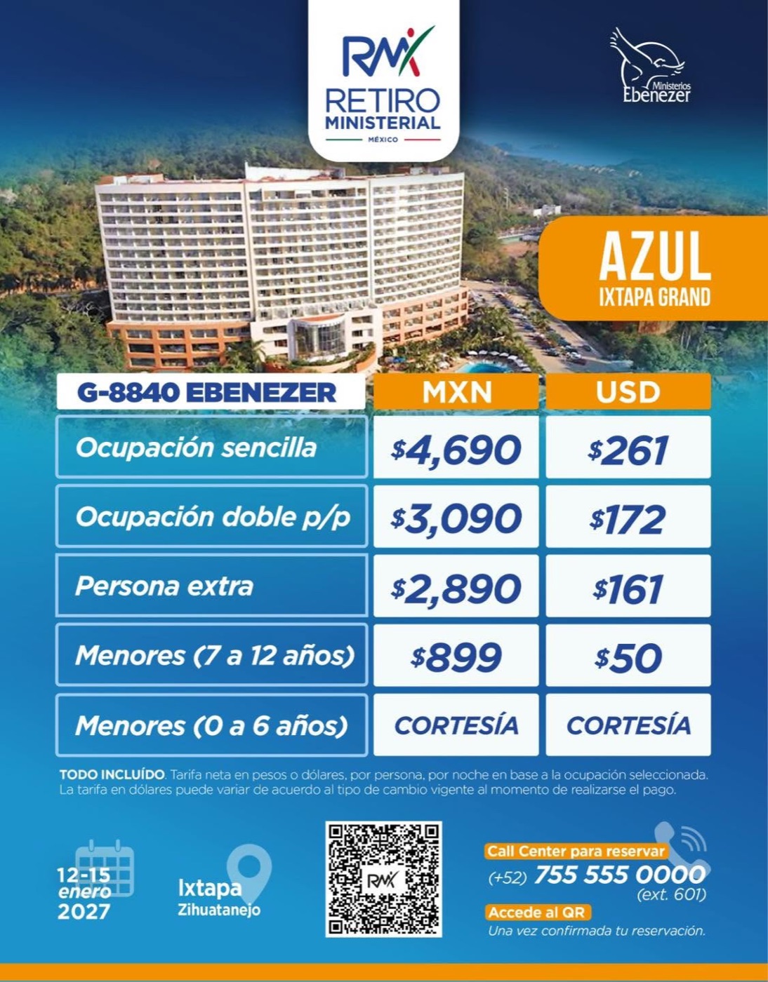 Tarifas del Retiro Ministerial 2027 en Azul Ixtapa Grand, código de grupo G-8840 Ebenezer