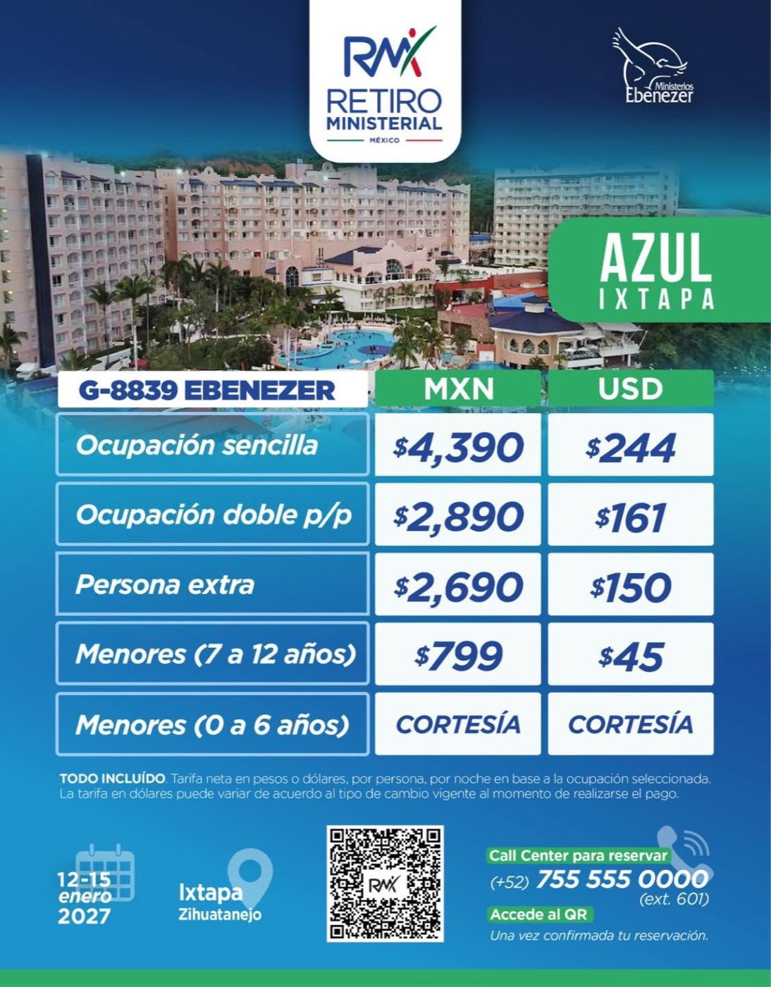 Tarifas del Retiro Ministerial 2027 en Azul Ixtapa, código de grupo G-8839 Ebenezer